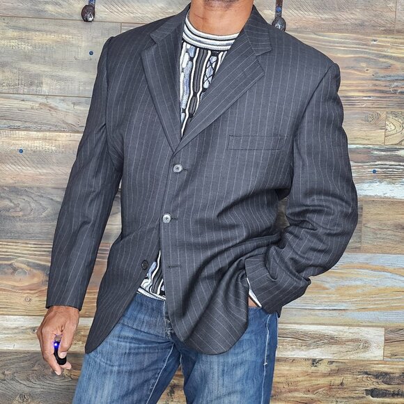 Vitale Barberis Alfredo Versace Italy Charcoal Gray Striped Blazer Jacket 46R